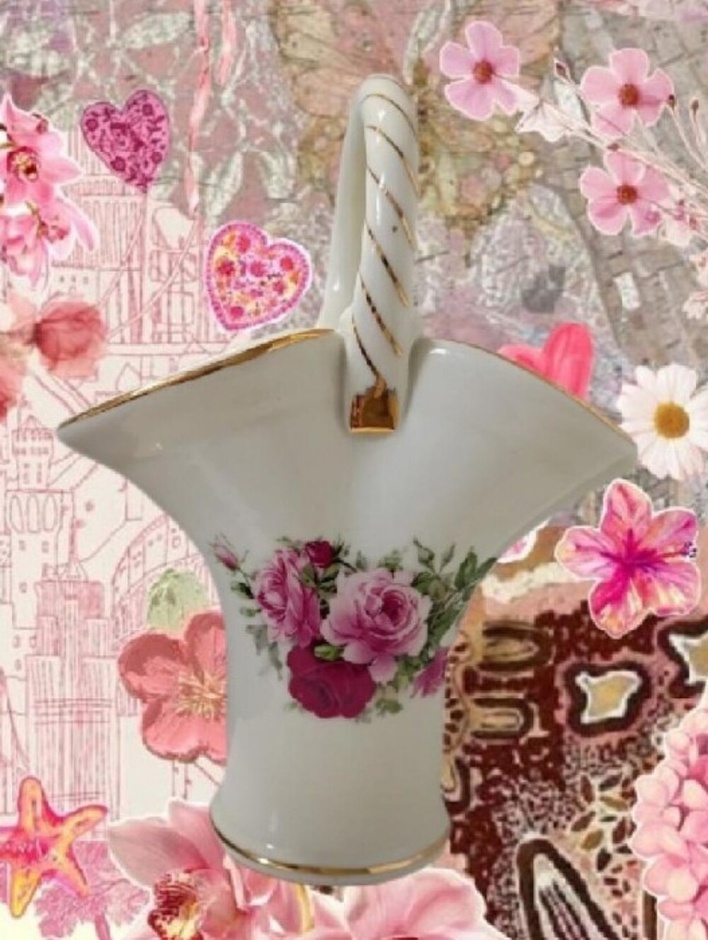 VTG Formalities By Braum Bro's Victorian Rose Collection Porcelain Basket Vase
